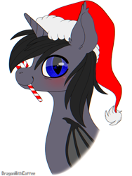 Size: 768x1024 | Tagged: safe, artist:dragonwithcoffee, imported from derpibooru, oc, oc only, oc:astral gazer, alicorn, bat pony, bat pony alicorn, bat wings, blushing, candy, candy cane, christmas, food, hat, heterochromia, holiday, horn, looking at you, male, santa hat, stallion, wings