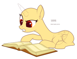 Size: 1260x962 | Tagged: safe, artist:teepew, imported from derpibooru, oc, oc only, alicorn, pony, friendship is magic, alicorn oc, bald, base, book, eyelashes, frown, gritted teeth, horn, lying down, prone, reading, signature, simple background, solo, transparent background, wings