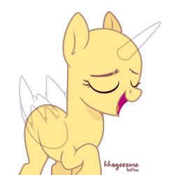 Size: 1296x1300 | Tagged: safe, artist:teepew, imported from derpibooru, oc, oc only, alicorn, pony, alicorn oc, bald, base, eyelashes, eyes closed, horn, open mouth, raised hoof, signature, simple background, smiling, solo, transparent background, wings