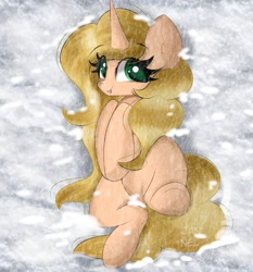 Size: 2013x2160 | Tagged: safe, artist:janelearts, imported from derpibooru, oc, oc only, oc:carrot leah, pony, unicorn, eye clipping through hair, female, looking at you, lying down, mare, on back, smiling, snow, solo, tongue out