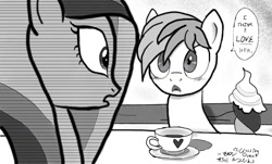 Size: 1187x718 | Tagged: safe, artist:johnerose126, imported from derpibooru, princess cadance, sandbar, alicorn, earth pony, pony, blushing, cup, food, grayscale, implied yonabar, monochrome, sandance, tea, teacup