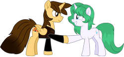 Size: 13859x6390 | Tagged: safe, artist:ejlightning007arts, imported from derpibooru, oc, oc only, oc:choi sky, oc:ej, alicorn, pony, unicorn, absurd resolution, alicorn oc, clothes, cute, female, first meeting, horn, male, mare, ocbetes, shaking hoof, simple background, smiling, stallion, transparent background, vector, wings