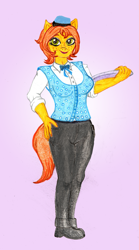 Size: 1887x3403 | Tagged: safe, artist:fermin-tenava, imported from derpibooru, oc, oc:orange sunstar, anthro, earth pony, anthro oc, big breasts, breasts, clothes, earth pony oc, nightclub, skintight clothes, waitress, waitress outfit