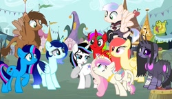 Size: 1080x628 | Tagged: safe, artist:rxndxm.artist, imported from derpibooru, oc, oc only, oc:shooting star, alicorn, pegasus, pony, unicorn, alicorn oc, base used, black sclera, female, hoof on chest, hooves to the chest, horn, leonine tail, looking at someone, mare, outdoors, pegasus oc, raised hoof, smiling, unicorn oc, wings