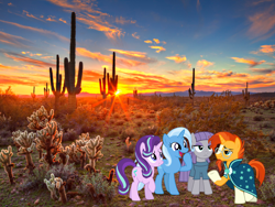 Size: 3998x3000 | Tagged: artist needed, safe, imported from derpibooru, maud pie, starlight glimmer, sunburst, trixie, earth pony, pony, unicorn, fanfic:travel around the world with ponies, arizona, desert, irl, phoenix (city), photo, ponies in real life, sonoran desert, vector