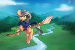 Size: 4500x3000 | Tagged: safe, artist:sugarstar, imported from derpibooru, oc, oc only, oc:sugar space, earth pony, pony, absurd resolution, broom, crossover, detailed background, earth pony oc, female, flying, flying broomstick, grin, harry potter, harry potter (series), high res, looking at you, mare, rcf community, smiling, smiling at you, solo