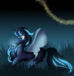 Size: 1080x1106 | Tagged: safe, artist:rxndxm.artist, imported from derpibooru, oc, oc only, pony, butterfly wings, gem, hoof hold, lying down, night, outdoors, prone, solo, stars, wings