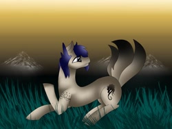 Size: 1080x810 | Tagged: safe, artist:rxndxm.artist, imported from derpibooru, oc, oc only, pony, grass, looking back, lying down, multiple tails, outdoors, prone, raised hoof, solo