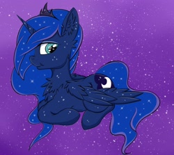 Size: 3000x2673 | Tagged: safe, artist:rurihal, imported from derpibooru, princess luna, alicorn, pony, 2019, :t, chest fluff, female, looking at you, lying down, mare, parent:princess luna, prone, sitting, solo, starry background