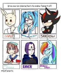 Size: 400x478 | Tagged: safe, artist:dalana2431, imported from derpibooru, rainbow dash, anthro, demon, hedgehog, human, pegasus, pony, rabbit, six fanarts, amai odayaka, animal, anthro with ponies, beastars, bust, clothes, crossed arms, crossover, female, food, grin, haru (beastars), male, mare, necktie, peace sign, raven (dc comics), raven (teen titans), sailor uniform, school uniform, shadow the hedgehog, smiling, sonic the hedgehog (series), teen titans, unamused, uniform, vocaloid, wnk, yandere simulator