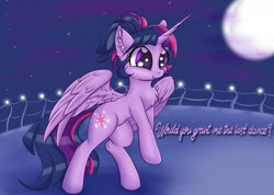 Size: 1519x1080 | Tagged: safe, artist:rurihal, imported from derpibooru, twilight sparkle, alicorn, pony, 2019, alternate hairstyle, balcony, chest fluff, cute, dialogue, ear fluff, female, full moon, mare, moon, night, smiling, solo, spread wings, twiabetes, twilight sparkle (alicorn), wings