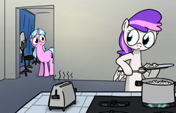 Size: 900x576 | Tagged: safe, artist:petirep, imported from ponybooru, oc, oc only, oc:blank canvas, oc:mane event, pegasus, pony, unicorn, bronycon, bronycon 2013, ask bronycon ponies 2013, bronycon mascots, cooking, doorway, female, food, horn, mare, pegasus oc, plate, spoon, stool, toaster, unicorn oc, wings