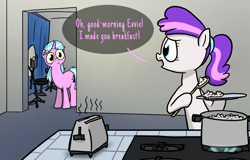 Size: 900x576 | Tagged: safe, artist:petirep, imported from ponybooru, oc, oc only, oc:blank canvas, oc:mane event, pegasus, pony, unicorn, bronycon, bronycon 2013, ask bronycon ponies 2013, bronycon mascots, cooking, dialogue, doorway, female, food, horn, mare, pegasus oc, plate, speech bubble, spoon, stool, toaster, unicorn oc, wings