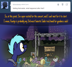 Size: 900x835 | Tagged: safe, artist:petirep, imported from ponybooru, oc, oc only, oc:hoof beatz, earth pony, pegasus, pony, bronycon, bronycon 2013, ask bronycon ponies 2013, bronycon mascots, crowd, dialogue, drums, earth pony oc, headphones, male, musical instrument, speech bubble, stage, stallion, tumblr