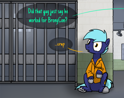 Size: 900x713 | Tagged: safe, artist:petirep, imported from ponybooru, oc, oc only, oc:hoof beatz, earth pony, pony, bronycon, bronycon 2013, ask bronycon ponies 2013, bars, bronycon mascots, clothes, dialogue, earth pony oc, jail, male, prison outfit, security camera, sitting, solo, speech bubble, stallion, unshorn fetlocks, window