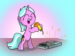 Size: 900x681 | Tagged: safe, artist:petirep, imported from ponybooru, oc, oc only, oc:mane event, pony, unicorn, bronycon, bronycon 2013, ask bronycon ponies 2013, bronycon mascots, cassette player, female, filly, gradient background, horn, microphone, singing, solo, table, unicorn oc, younger