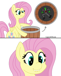 Size: 2000x2500 | Tagged: safe, artist:legendoflink, imported from derpibooru, fluttershy, oc, oc:anon, 2 panel comic, barrel, bipedal, comic, lip bite, meme, redraw, simple background, transparent background