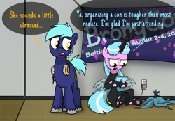 Size: 900x626 | Tagged: safe, artist:petirep, imported from ponybooru, queen chrysalis, oc, oc:hoof beatz, oc:mane event, earth pony, pony, unicorn, bronycon, bronycon 2013, ask bronycon ponies 2013, bronycon mascots, clothes, cosplay, costume, dialogue, earth pony oc, female, headphones, horn, male, mare, nintendo ds, speech bubble, stallion, unicorn oc, unshorn fetlocks