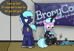 Size: 900x626 | Tagged: safe, artist:petirep, imported from ponybooru, queen chrysalis, oc, oc:hoof beatz, oc:mane event, earth pony, pony, unicorn, bronycon, bronycon 2013, ask bronycon ponies 2013, bronycon mascots, clothes, cosplay, costume, dialogue, earth pony oc, female, headphones, horn, male, mare, nintendo ds, speech bubble, stallion, unicorn oc, unshorn fetlocks