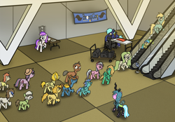 Size: 900x626 | Tagged: safe, artist:petirep, imported from ponybooru, queen chrysalis, oc, oc only, oc:aurora dawn, oc:blank canvas, oc:hoof beatz, oc:mandopony, oc:mane event, earth pony, pegasus, pony, unicorn, bronycon, bronycon 2013, ask bronycon ponies 2013, baltimore convention center, bronycon mascots, clothes, cosplay, costume, crowd, earth pony oc, escalator, female, filly, horn, loudspeaker, male, mare, pegasus oc, speakers, stallion, table, unicorn oc, unshorn fetlocks, wings, wires