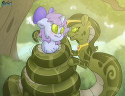 Size: 5200x4000 | Tagged: safe, artist:fluffyxai, imported from derpibooru, oc, oc only, oc:melyssa, oc:swirly daze, lamia, original species, serpent, snake, unicorn, accessory, bow, coils, female, fetish, forest, gasping, hair bow, hoof on cheek, hypnosis, hypnosis fetish, hypnotized, jewelry, kaa eyes, mare, mind control, smiling, smirk, sweat, sweatdrop, swirly eyes, tail wrap, wrapped up, wrapping