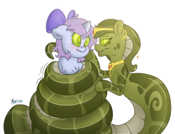 Size: 5200x4000 | Tagged: safe, alternate version, artist:fluffyxai, imported from derpibooru, oc, oc only, oc:melyssa, oc:swirly daze, lamia, original species, serpent, snake, unicorn, accessory, bow, coils, female, fetish, gasping, hair bow, hoof on cheek, hypnosis, hypnosis fetish, hypnotized, jewelry, kaa eyes, mare, mind control, simple background, smiling, smirk, sweat, sweatdrop, swirly eyes, tail wrap, transparent background, wrapped up, wrapping