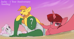 Size: 3750x2000 | Tagged: safe, artist:nsilverdraws, imported from derpibooru, oc, oc:anon, oc:faint prism(dashie), oc:jacky, oc:sparking shine, human, pony, /bootleg/ waifu, 1 year anniversary, 4chan, anniversary, beach, commission, female, human and pony, male, mare, sunset