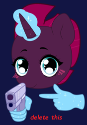 Size: 2076x2960 | Tagged: safe, artist:jadeharmony, artist:jadethepegasus, artist:jeffapegas, imported from derpibooru, tempest shadow, pony, unicorn, base used, blue background, blushing, delet this, female, glowing horn, gun, hand, handgun, heart eyes, horn, levitation, magic, magic hands, mare, meme, pistol, pointing, ponified meme, simple background, solo, starry eyes, telekinesis, tempest gets her horn back, tempest now has a true horn, weapon, wingding eyes