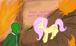 Size: 1217x744 | Tagged: safe, artist:notawriteranon, imported from derpibooru, imported from ponybooru, fluttershy, oc, oc:anon, human, pegasus, pony, clothes, crossover, dialogue, female, fire, male, mare, silent hill, stairs, talking to each other