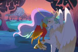 Size: 2389x1617 | Tagged: safe, artist:iouise, imported from derpibooru, philomena, princess celestia, alicorn, phoenix, pony, apple, apple tree, chest feathers, cloven hooves, colored wings, colored wingtips, duo, facial hair, female, food, goatee, hoof fluff, long feather, mare, tree, wings