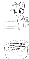 Size: 3000x6000 | Tagged: safe, artist:tjpones, artist:tjpones edits, edit, editor:i-shooped-a-pwny, imported from derpibooru, twilight sparkle, alicorn, pony, 2 panel comic, absurd resolution, black and white, black forest cake, cake, car, comic, female, food, grayscale, mare, meme, message, monochrome, portal (valve), seems legit, simple background, solo, the cake is a lie, twilight sparkle (alicorn), white background