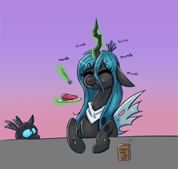 Size: 1930x1830 | Tagged: safe, artist:confetticakez, imported from derpibooru, queen chrysalis, oc, oc:imago, changeling, changeling queen, chocolate, chocolate milk, cute, cutealis, duo, eating, eyes closed, female, food, fork, magic, male, milk, onomatopoeia, pie, sound effects, sweat, telekinesis, want, woonoggles