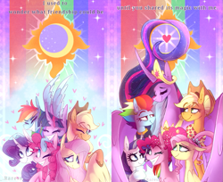 Size: 1079x882 | Tagged: safe, artist:motger-mor, edit, editor:enrique zx, imported from derpibooru, applejack, fluttershy, pinkie pie, rainbow dash, rarity, spike, twilight sparkle, alicorn, dragon, earth pony, pegasus, pony, unicorn, the last problem, caption, curved horn, ear fluff, eyes closed, female, heart, horn, mane six, mare, moon, older, older applejack, older fluttershy, older mane six, older pinkie pie, older rainbow dash, older rarity, older twilight, one eye closed, photo, princess twilight 2.0, smiling, spanish description, sun, text, theme song, twilight sparkle (alicorn)