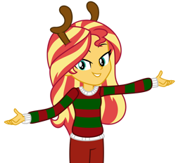 Size: 1024x951 | Tagged: safe, alternate version, artist:emeraldblast63, imported from derpibooru, sunset shimmer, equestria girls, clothes, fake antlers, female, looking at you, simple background, smiling, solo, sweater, transparent background