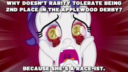 Size: 640x360 | Tagged: safe, edit, edited screencap, imported from derpibooru, screencap, rarity, pony, unicorn, the cart before the ponies, applewood derby, caption, eye reflection, female, filly, filly rarity, funny, funny as hell, image macro, joke, marshmelodrama, meme, pun, racism, racisty, raribitch, rarity being rarity, rarity is a racist bitch, reflection, ribbon, screaming, shitposting, solo, text, uvula, younger