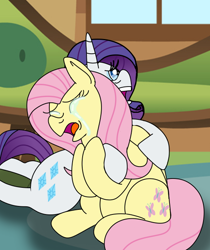 Size: 544x647 | Tagged: safe, artist:lynnthenerdkitty, imported from derpibooru, fluttershy, rarity, pegasus, pony, unicorn, crying, eyes closed, female, hug, open mouth, sad