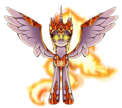 Size: 2500x2200 | Tagged: safe, artist:melanyschaffer, artist:opal_radiance, imported from derpibooru, daybreaker, princess celestia, alicorn, pony, crown, female, frown, glowing, glowing eyes, high res, hoof shoes, jewelry, looking at you, mane of fire, mare, regalia, simple background, solo, spread wings, transparent background, wings