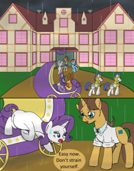 Size: 1000x1284 | Tagged: safe, artist:emilou1985, imported from derpibooru, applejack, doctor horse, doctor stable, nurse redheart, rainbow dash, rarity, twilight sparkle, alicorn, pony, comic:signs, carriage, female, hospital, labor, looking down, male, mare, preggity, pregnant, rain, royal guard, stallion, sweat, twilight sparkle (alicorn)