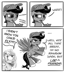 Size: 1850x2064 | Tagged: safe, artist:chopsticks, imported from derpibooru, oc, oc only, oc:chopsticks, oc:party confetti, earth pony, pegasus, pony, black and white, cheek fluff, chest fluff, comic, dialogue, female, floating, flying, grayscale, hat, male, monochrome, mouth hold, pen, simple background, text, unamused, unshorn fetlocks, white background, writing