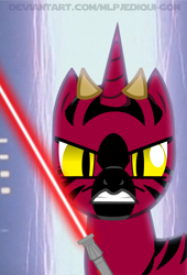 Size: 732x1078 | Tagged: safe, artist:mlpjediqui-gon, imported from derpibooru, earth pony, zabrak, zebra, angry, apprentice, darth maul, duel of the fates, gritted teeth, hate, horns, lightsaber, sith, sith lord, species swap, star wars, star wars: the phantom menace, the phantom menace, weapon, zebrafied