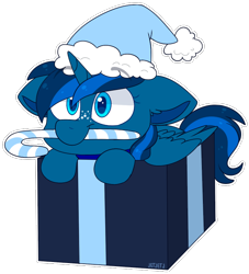 Size: 680x750 | Tagged: safe, artist:jetjetj, imported from derpibooru, part of a set, oc, oc only, oc:lightning charge, alicorn, pony, candy, candy cane, chibi, christmas, commission, female, food, hat, holiday, mare, mouth hold, present, santa hat, simple background, solo, transparent background, ych result