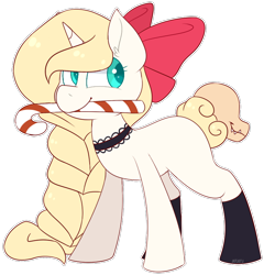 Size: 756x786 | Tagged: safe, artist:jetjetj, imported from derpibooru, part of a set, oc, oc only, oc:alice, pony, unicorn, bow, candy, candy cane, choker, commission, female, food, hair bow, mare, mouth hold, simple background, solo, transparent background, ych result