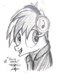 Size: 1472x1840 | Tagged: safe, artist:johnerose126, imported from derpibooru, sandbar, earth pony, pony, bust, clothes, headphones, male, monochrome, shirt, sketch, solo, traditional art