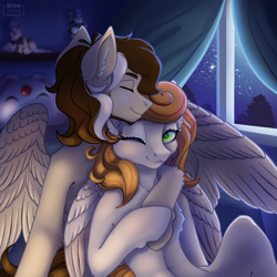 Size: 1500x1500 | Tagged: safe, artist:striped-chocolate, imported from derpibooru, oc, oc:megan rouge, oc:novich, pegasus, duo, female, love, male, megich, night, oc x oc, pegasus oc, rcf community, shipping, wings