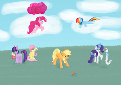 Size: 10000x7000 | Tagged: safe, artist:graphictoxin, artist:toxinagraphica, imported from derpibooru, applejack, fluttershy, opalescence, pinkie pie, rainbow dash, rarity, twilight sparkle, cat, earth pony, pegasus, pony, unicorn, :<, angry, apple, balloon, book, bow, brush, cheek fluff, clothes, cloud, comb, eyes closed, female, floating, floppy ears, fluffy, fluttershy's cutie mark, flying, food, grass, happy, hat, high res, levitation, lineless, lying down, lying on a cloud, magic, mane six, mare, on a cloud, open mouth, raised hoof, scared, simple background, sitting, sky, sleeping, sleeping on a cloud, smiling, telekinesis, that pony sure does love apples, then watch her balloons lift her up to the sky, unicorn twilight, white background, wings