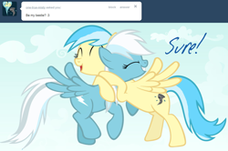 Size: 1280x848 | Tagged: safe, artist:ask-fleetfoot, imported from derpibooru, fleetfoot, misty fly, pegasus, pony, alternate hairstyle, ask-fleetfoot, blue coat, blue mane, blue tail, female, green eyes, hug, mare, show accurate, solo, tail, two toned mane, white mane, white tail, wings