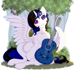 Size: 2000x2000 | Tagged: safe, artist:striped-chocolate, imported from derpibooru, oc, oc only, oc:amber"ace"melody, alicorn, pony, alicorn oc, female, guitar, heterochromia, horn, musical instrument, rcf community, solo, wings