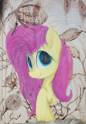 Size: 1350x1945 | Tagged: safe, artist:mcartank, imported from derpibooru, fluttershy, pony, bust, female, looking at you, mare, mixed media, plant, plants, portrait, pyrography, raised hoof, smiling, solo, stray strand, three quarter view, traditional art, watercolor painting, wood