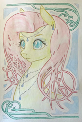 Size: 888x1320 | Tagged: safe, artist:grokostimpy, imported from derpibooru, fluttershy, pony, bust, ear piercing, earring, female, forehead pendant, hair chain, headpiece, jewelry, looking away, mare, modern art, necklace, nouveau, pendant, piercing, portrait, solo, three quarter view, traditional art