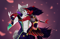 Size: 3540x2284 | Tagged: safe, artist:coffeez, imported from derpibooru, oc, anthro, unicorn, armor, belly button, clothes, commission, dress, female, game characters, hug, league of legends, male, oc x oc, petals, shipping, simple background, straight